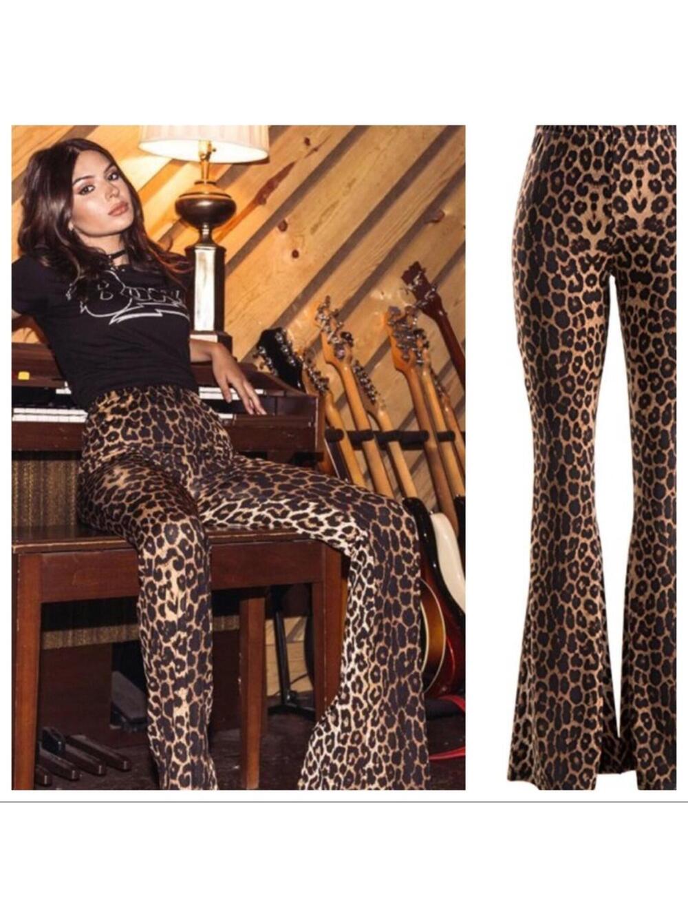 Leopard Print Flare Bell Bottoms Bohemian Cozy Soft Stretch Pants Large Animal